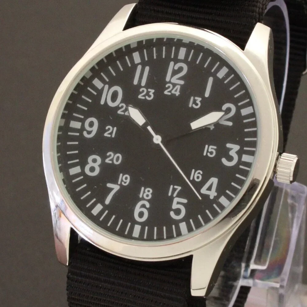 Men's Quartz Field Watch Silver Tone Case Black Military Strap 42mm